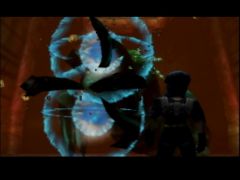 Juno face à son boss dans Jet Force Gemini sur Nintendo 64. Ce dernier est en train de mourir dans de jolies gerbes de sang vert (Jet Force Gemini)