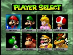 Ecran de sélection du personnage. Bowser a sacrément rapetissé depuis Super Mario 64 ! (Mario Kart 64)