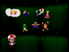 Pendant que vous tombez dans le tuyau, vous pouvez sélectionner les différentes personnes qui participeront à la partie ! Toad sera l'arbitre. (Mario Party)