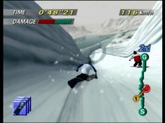 The duel is physical! Rob Haywood's damage bar is already full as we barely start the Crystal Peak race!  (1080 Snowboarding)