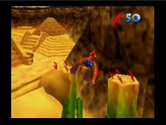 Banjo and Kazooie in flight phase with red feathers in the Gobi Desert level  (Banjo-Kazooie)