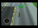 Rouge en pleine action dans le jeu Power Rangers Lightspeed Rescue sur Nintendo 64. Mais il a raté son coup. Pas grave le tas de morve est inactif.