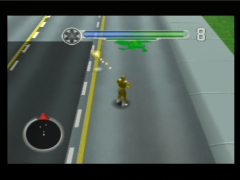 Rouge en pleine action dans le jeu Power Rangers Lightspeed Rescue sur Nintendo 64. Mais il a raté son coup. Pas grave le tas de morve est inactif. (Power Rangers Lightspeed Rescue)