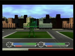 Vue subjective du Thunder Megazord dans le jeu Power Rangers Lightspeed Rescue sur Nintendo 64. Le grand méchant est en face (Power Rangers Lightspeed Rescue)