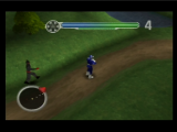 Bleu en mission dans le jeu Power Rangers Lightspeed Rescue sur Nintendo 64. Il est poursuivi par... une chose sans nom...