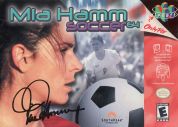 Scan of front side of box of Mia Hamm 64 Soccer