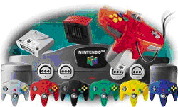 Les accessoires disponibles pour Nintendo 64 : manettes, Rumble Pak, carte-mémoire et Expansion Pak.