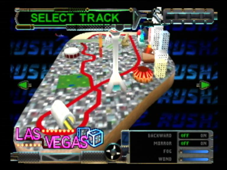 Rush 2 Extreme Racing USA para Nintendo 64 mostrando seleção da pista Las Vegas