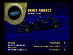 Ecran de choix de l'écurie du jeu F1 World Grand Prix II sur Nintendo 64. Prost-Peugeot et son petit point gagné dans l'année, que de souvenirs ! (F-1 World Grand Prix II)