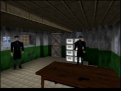 James se prépare à s'enfuir à coups de manchettes dans le niveau Archives du jeu Goldeneye 007 sur Nintendo 64 (Goldeneye 007)