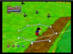 Un combat type dans le jeu Holy Magic Century sur Nintendo 64. Vous pouvez combattre avec les éléments ou fuir si votre zone d'action le permet (Holy Magic Century)