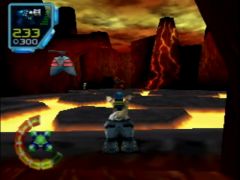 Lupus arrive sur Eschebone, niveau peu accueillant de Jet Force Gemini sur Nintendo 64. Attention à ne pas se cramer les pattes ! (Jet Force Gemini)