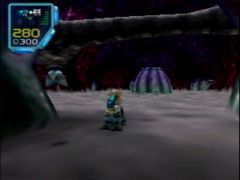Le chien Lupus accompagné de Floyd dans le coeur de la planète Eschebone, niveau du jeu Jet Force Gemini sur Nintendo 64 (Jet Force Gemini)