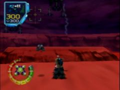 Lupus face à son boss sur Eschebone, niveau de Jet Force Gemini sur Nintendo 64. Le boss est caché derrière l'icône de l'arme. (Jet Force Gemini)