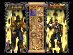 Ecran de sélection des combattants du jeu Mace The Dark Age sur Nintendo 64. The Executioner porte bien son nom avec sa cagoule de bourreau. (Mace: The Dark Age)