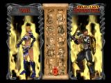 Ecran de sélection des combattants du jeu Mace The Dark Age sur Nintendo 64. Taria, sorcière courtement vêtue et Mordos Kull, chevalier au fléau