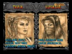 Echanges verbaux entre Taria et Koyasha avant leur combat dans le jeu Mace the dark age sur Nintendo 64 (Mace: The Dark Age)