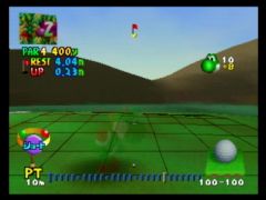 Yoshi est sur le green ! Quadriller le green permet de voir les différentes pentes qui sont présentes. (Mario Golf)