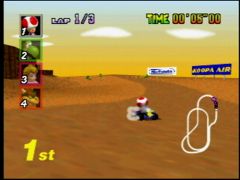 Toad en plein dérapage sur la piste de Kalimari Desert. On voit les EEEEEEEEEEEEEEEE ! (Mario Kart 64)