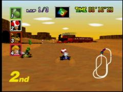 Mince, Toad vient de se faire doubler par Yoshi, mais tout le monde va devoir s'arrêter pour ne pas se prendre le train ! (Mario Kart 64)