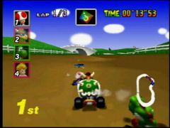 Un Bowser qui nous colle + Un item point d'interrogation à l'envers  = Un Bowser qui va valser ! (Mario Kart 64)