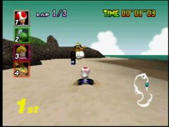 Un petit passage pour Toad par la Koopa Troopa Beach, mais pas question d'aller se baigner, pas de temps à perdre ! (Mario Kart 64)