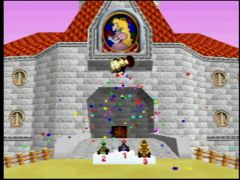 Encore une victoire pour Toad, il va recevoir sa coupe devant le château de Peach ! (Mario Kart 64)