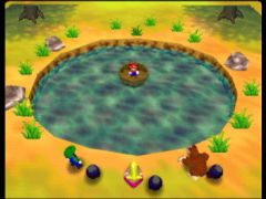 Dans ce mini-jeu, Mario est dans la barque et doit éviter la pluie de Bob-Ombs que lui jette les 3 autres ! (Mario Party 2)