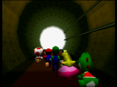 Dans Mario Party, on chutait à la verticale dans le tuyau à destination des plateaux de jeu. Ici on préfère courir un peu. (Mario Party 2)
