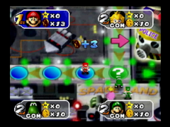 Démarrage tranquille sur cette partie, et 3 pièces de gagnées grâce à la case bleue ! (Mario Party 2)