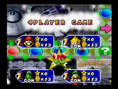 Fin du premier tour de jeu, et lancement de la roulette pour savoir à quel mini-jeu on va jouer ! (Mario Party 2)