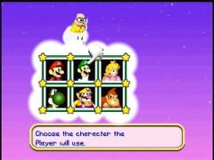 Ecran de sélection du personnage incarné par le ou les joueurs ! Toujours en train de se chamailler pour savoir qui est le plus grand héros ? (Mario Party 3)