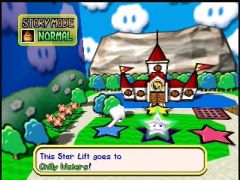Choix de sélection du plateau de jeu, dans un décor qui a un air de Paper Mario. (Mario Party 3)