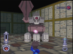 Le premier boss du jeu est également très facile, on a largement le temps d'esquiver son gros bras. (Mega Man 64)