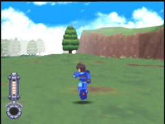 Mega Man en route pour aller dépenser quelques Zennys à l'Apple Market. La prairie est relativement déserte, et le brouillard persistant ! (Mega Man 64)