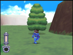 On voit qu'on est au début du jeu, la barre de vie de Mega Man est vraiment très petite ! Et où est son casque ?! (Mega Man 64)