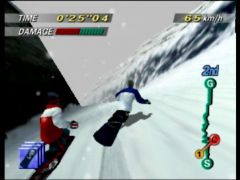 Neck-and-neck duel between Rob Haywood and Kensuke Kimachi on the Crystal Peak track  (1080 Snowboarding)