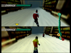 Akari Hayami et Kensuke Kimachi s'affrontent en écran splitté dans le mode deux joueurs (1080 Snowboarding)
