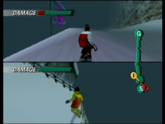 Dans ce mode deux joueurs sur la course Dragon Cave, Kensuke a pris les devants sur Akari qui semble prête à faire une sieste dans la neige. (1080 Snowboarding)