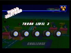 Ici, on sélectionne la vitesse de sa voiture, il faut bien connaître les circuits et anticiper un max si on prend la vitesse la plus élevée ! (Micro Machines 64 Turbo)