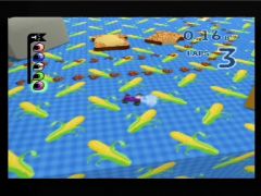 Si on sort trop longtemps ou trop loin, on sera puni en tentant de revenir dans le circuit ! (Micro Machines 64 Turbo)