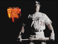 Ecran titre du jeu avec le receveur Mike Piazza faisant partie du Baseball Hall of Fame ! (Mike Piazza's Strike Zone)