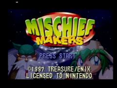 Ecran titre du jeu Mishief Makers, ou Yuke-Yuke!! Trouble Makers en japonais. (Mischief Makers)