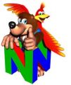 Official artwork of Banjo and Kazooie posing with the Nintendo 64 logo 