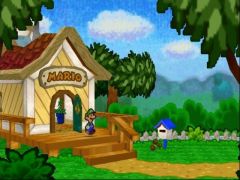 Luigi sort de chez lui. (Paper Mario)