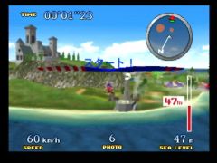 Profitez de la vue de l'île et de la très agréable musique qui accompagne le vol ! Prenez quelques photos au passage. (Pilotwings 64)