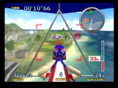 Différentes vues sont possibles pour guider le deltaplane. Ici, la vue quasi-subjective. (Pilotwings 64)