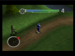 Bleu en mission dans le jeu Power Rangers Lightspeed Rescue sur Nintendo 64. Il est poursuivi par... une chose sans nom... (Power Rangers Lightspeed Rescue)