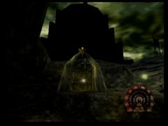 Nous voici dans le royaume des morts du jeu Shadow Man sur Nintendo 64. On peut voir en arrière plan se dessiner la silhouette de l'asile (Shadow Man)