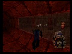 Un passage sous-marin de Shadow Man sur Nintendo 64 où l'on peut voir à travers la vitre une âme noire bien gardée (Shadow Man)